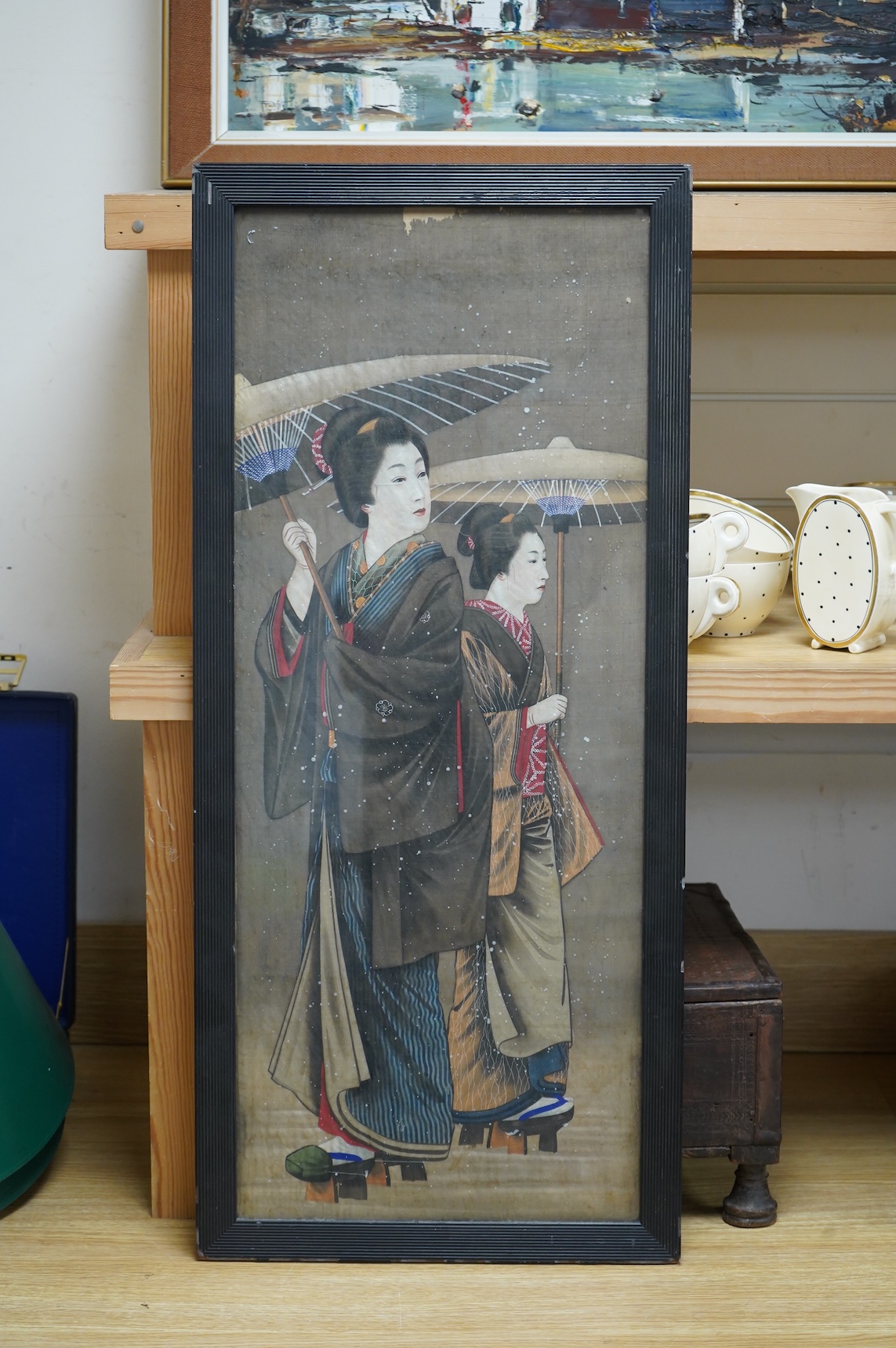 Japanese School, Two geisha girls, painting on silk, 79 x 31cm